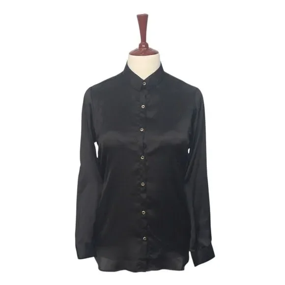 Womens Silky Satin Shirt Black Blouse Button Up Casual Dressy Top Medium Work - Picture 1 of 7